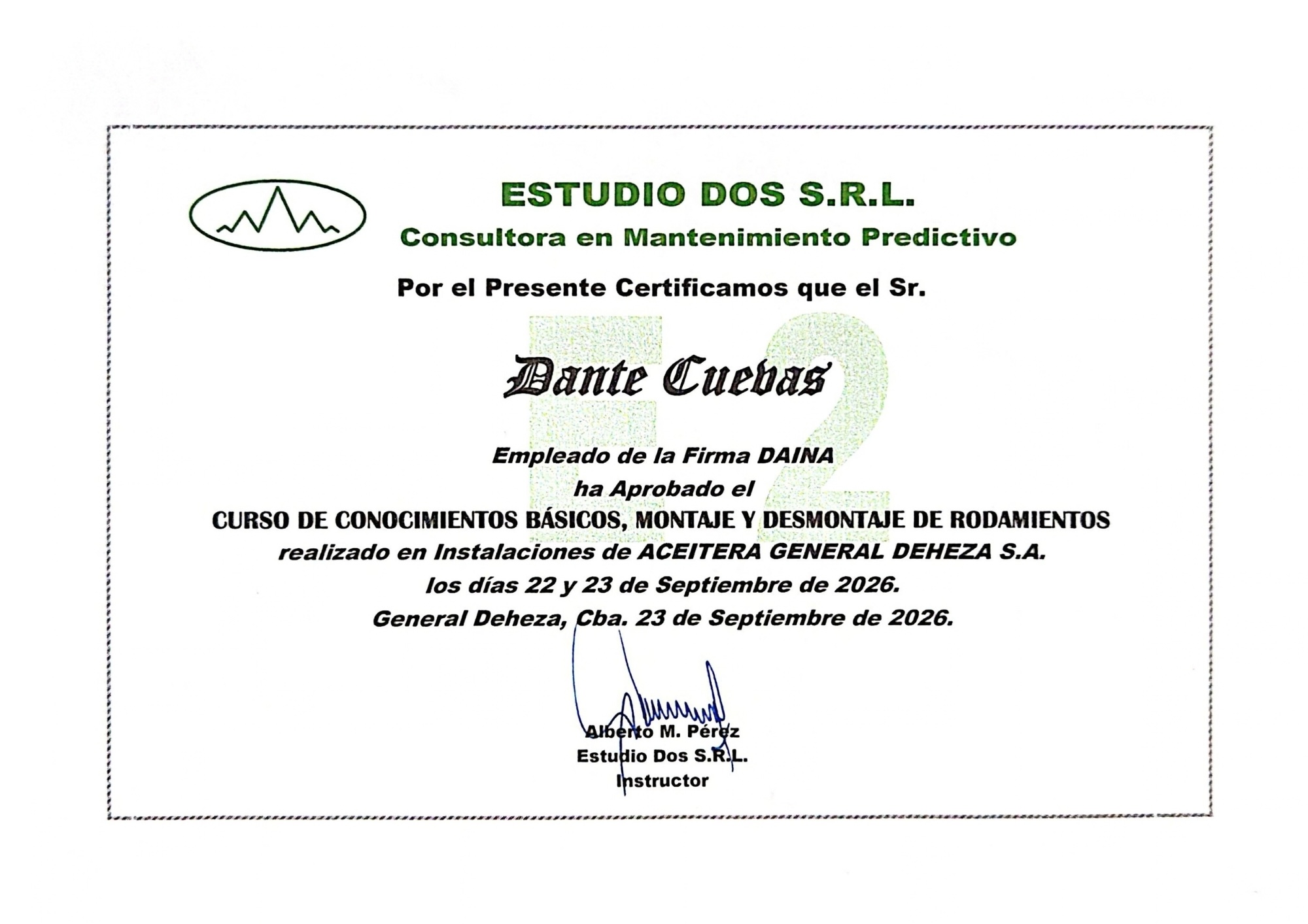 Certificación de trabajo de un empleado de DAINA (certificado 1)