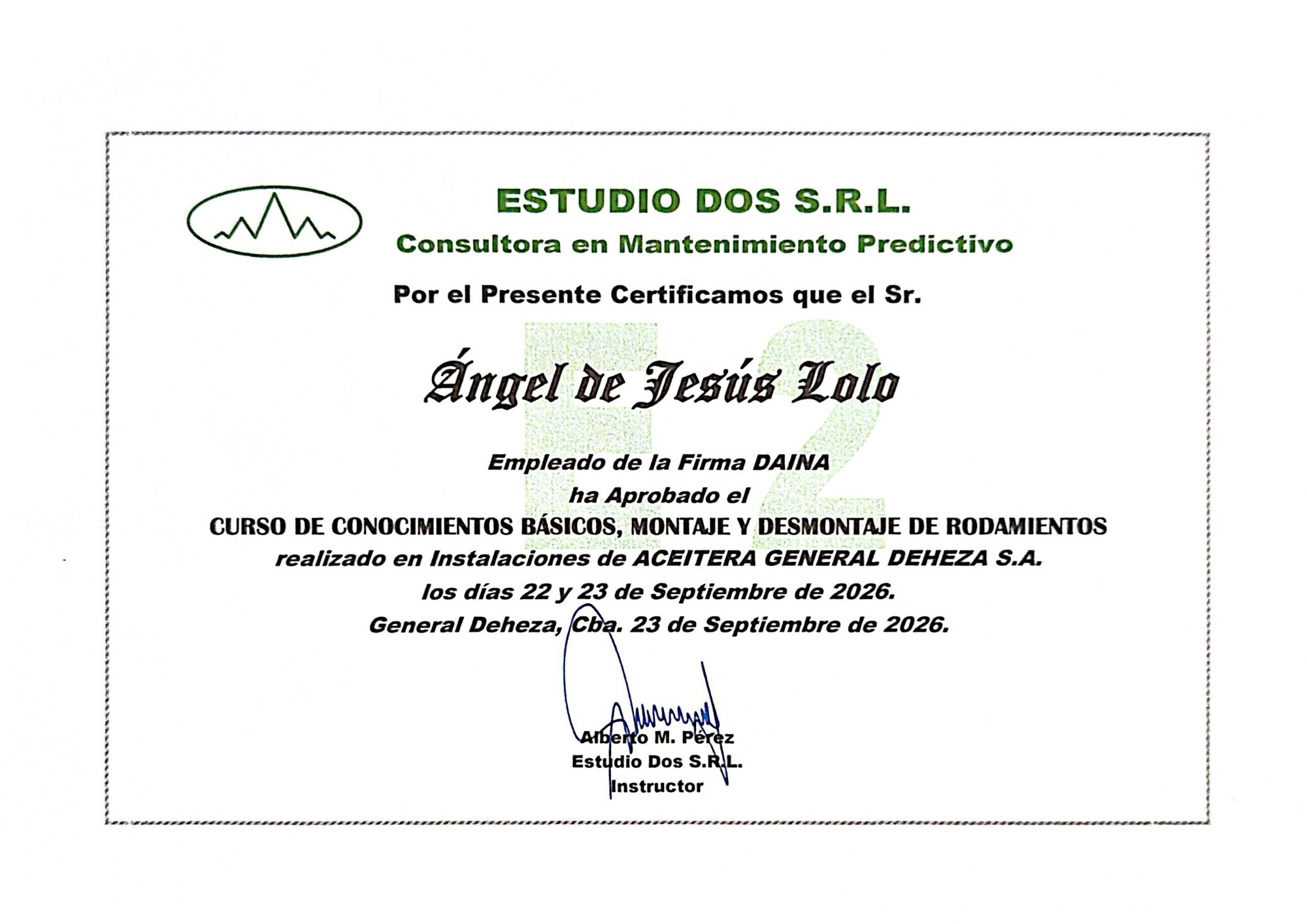 Certificación de trabajo de un empleado de DAINA (certificado 2)